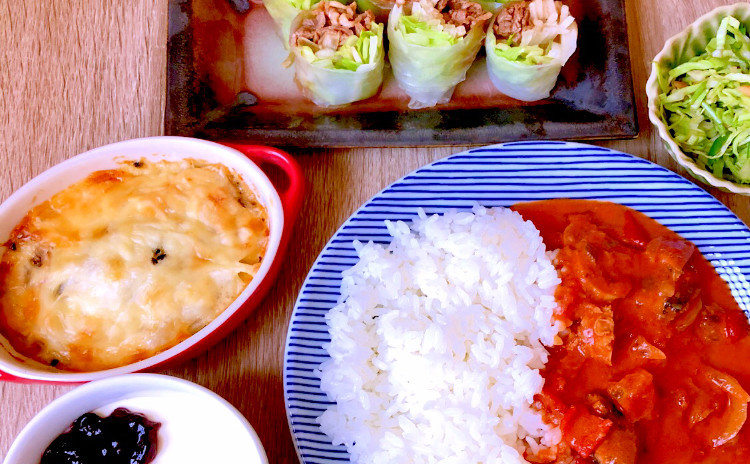 8月リクエストデー追加!カフェごはんレッスン!!サバ缶(苦手な方は牛肉へ変更可)のストロガノフ・味付け牛肉の生春巻き・甘酒のレアチーズケーキ・スイートポテトグラタンなど盛りだくさん5品!!