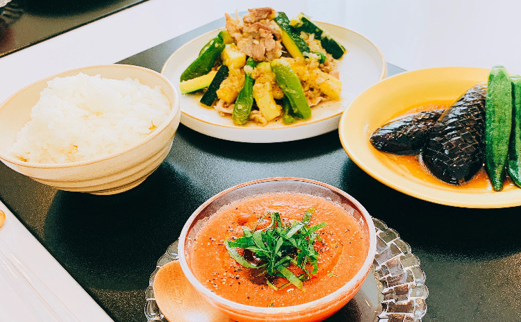 期間限定‼️【お砂糖不使用★夏和食】①ししとうとズッキーニと豚肉の和風ねぎ塩ダレ炒め煮、②なすの揚げ浸し、③トマトのすりながし