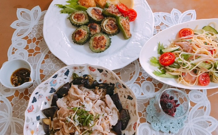 柔らかく濃厚な旨味の豚冷しゃぶ ゴーヤ肉詰め・生ハムと茗荷冷製パスタ他