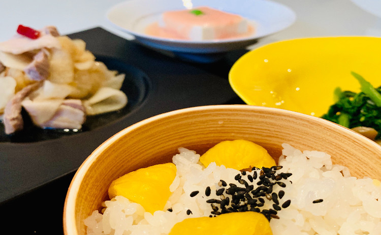 秋味!もちもち栗ご飯&温豆腐の明太餡&茹で豚と甘酢大根のさっぱり和え