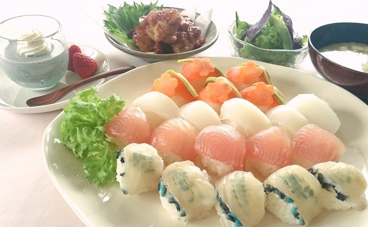 春の簡単手まり寿司とザンギでお祝いしましょう!(胡麻プリン付)