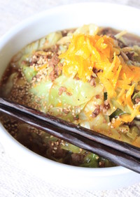 広東風拉麺にキャベツと挽肉の柚子醤油炒め