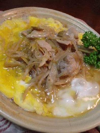 ごぼうで柳川風の「しらたきと豚肉の卵とじ」の写真