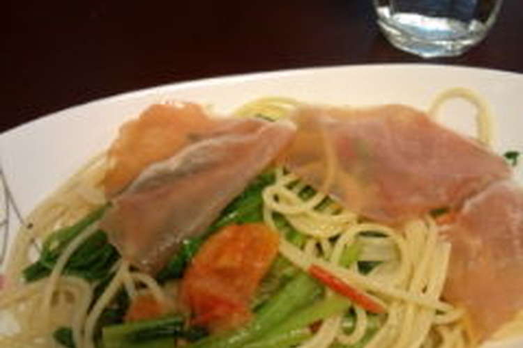 生ハム 小松菜 トマトの温かいパスタ レシピ 作り方 By むしゃむしゃむ クックパッド 簡単おいしいみんなのレシピが352万品