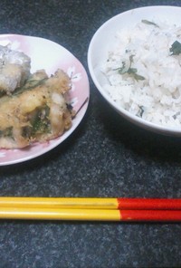 太刀魚の大葉巻き天ぷら＆シソしらすご飯♪