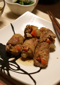 豚小間肉で野菜巻き、コチュ胡麻ダレ