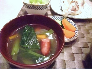 ウインナーと小松菜のコンソメスープの写真