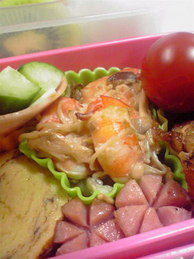 お弁当に!エビとキノコのマヨ醤油炒め