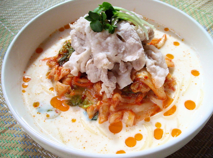 豆乳スープの冷たいパスタ　キムチ風味の画像
