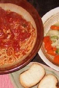 再現！　カプリ○ョーザ「トマトとニンニクのスパゲティー」