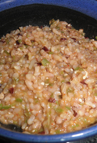 キムチ鍋スープでオクラの玄米/白米雑炊