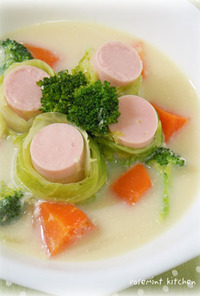 白菜とお魚ソーセージの豆乳スープ