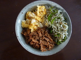 カルシウム満点の三色プラス・胚芽米丼