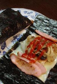 焼餅の「魚肉ソーセージと玉ねぎの磯辺巻き」