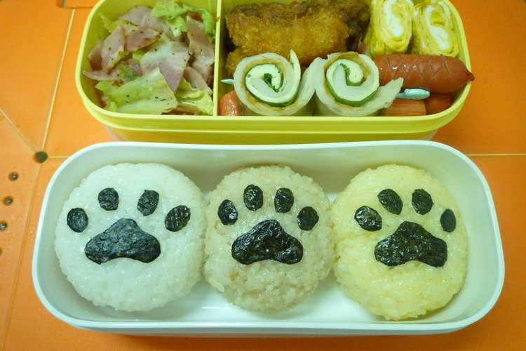 簡単キャラ弁☆３匹の猫の肉球おにぎり弁当