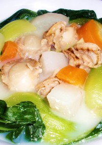 ベビーホタテの豆乳中華風スープ