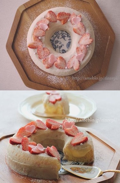 桜と白あんのカスタードエンゼルケーキの写真