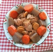 鶏とコンニャクと人参の煮物の写真