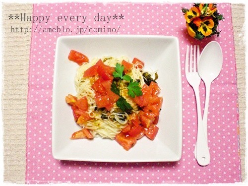 高菜漬けとトマトで冷製パスタ風素麺☆の画像