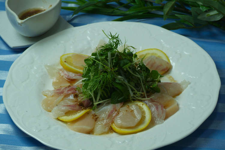 金ごま油で鯛とホタテのカルパッチョ レシピ 作り方 By 金ごま本舗 クックパッド 簡単おいしいみんなのレシピが366万品