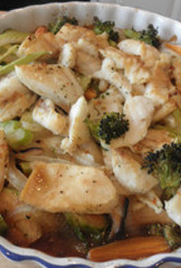 白身魚と野菜のポン酢風味オーブン焼き