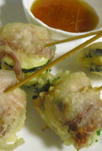 ズッキーニとクリチの豚ばら巻き串天ぷら