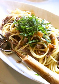 牛コマと大葉の梅肉和風パスタ