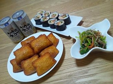 韓国風ﾋﾟﾘ辛稲荷寿司+ｷﾑﾊﾟﾌﾞの写真