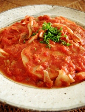 れんこんの肉詰めきのことトマトの煮込みの画像