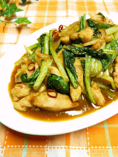 鶏胸肉と小松菜のピリ辛炒めの写真