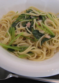ツナと壬生菜(みぶな)のスープパスタ