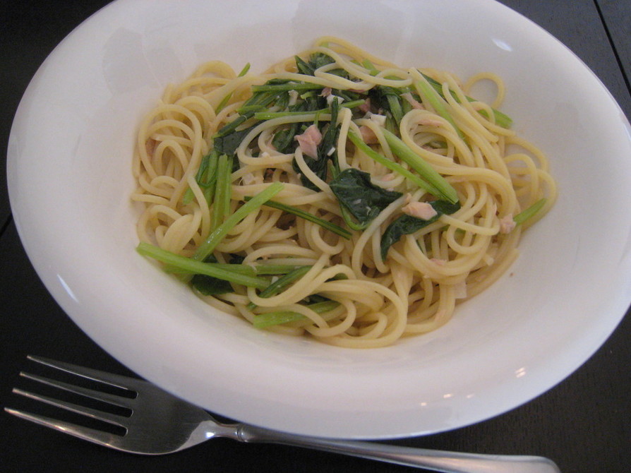 ツナと壬生菜(みぶな)のスープパスタの画像