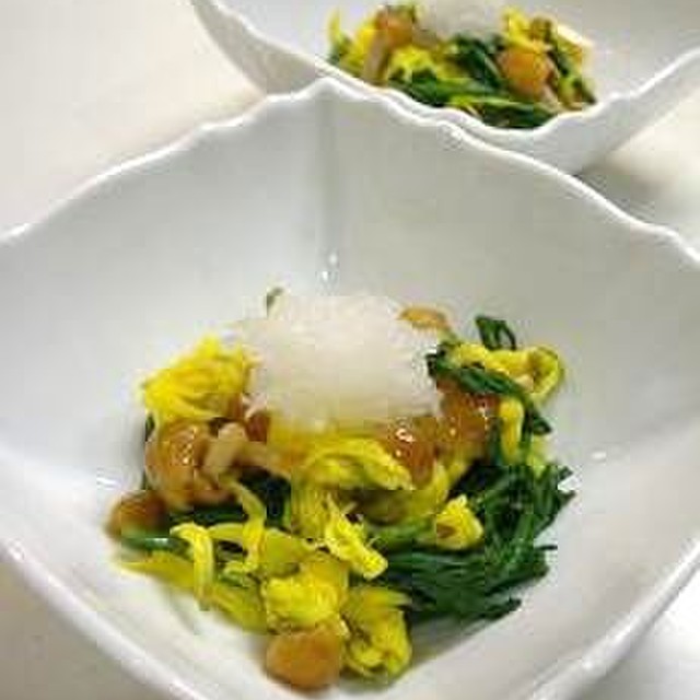 菊の花と春菊となめこのお浸し レシピ 作り方 By Madameーtco クックパッド 簡単おいしいみんなのレシピが355万品