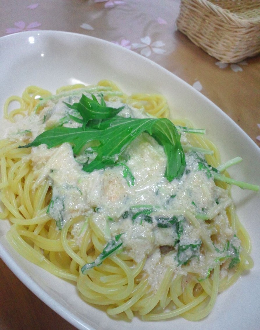 水菜とエノキの明太クリームパスタの画像