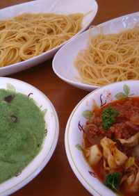 パスタで2種つけ麺：ミート＆小松菜豆乳