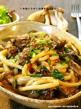 ■旨い!牛肉ときのこの甘辛焼きうどん■