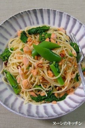 春の便り♪菜の花と鮭のペペロンチーノ