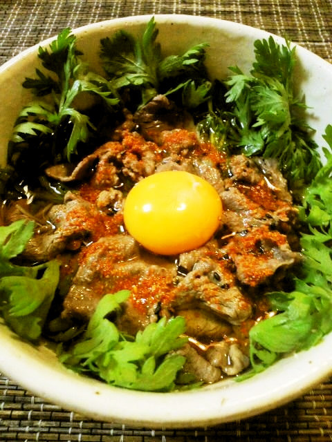 ✿春菊と牛肉で♬すきやき風月見にゅう麺✿の画像