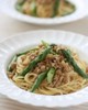 アスパラと豚ひき肉の味噌スパゲティ