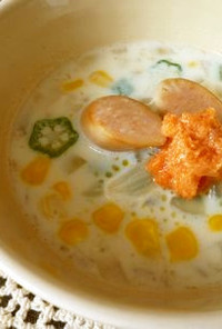 明太バターonウインナー豆乳味噌スープ