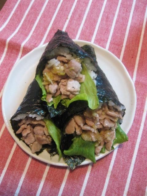 豚バラ肉のねぎ塩手巻き寿司の画像