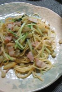 野沢菜と水菜のベーコンペペロンチーノ