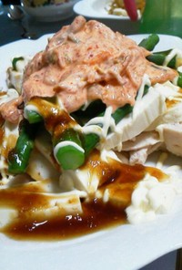 キムマヨ☆アスパラ豆腐の鳥肉サラダ
