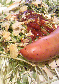ソーセージ卵空芯菜のマヨコチュ大蒜和え