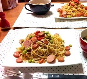 枝豆とウインナーとトマトのペペロンチーノの画像