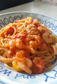 簡単ランチ！海鮮トマトクリームスパゲティ