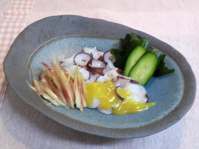 生タコのお刺身をミョウガと辛子酢味噌での画像