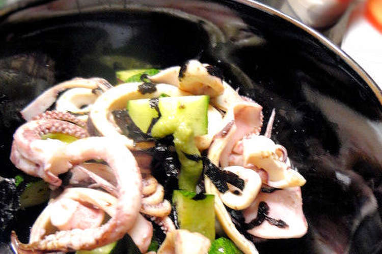 スルメイカときゅうりのワサビ海苔醤油和え レシピ 作り方 By すいか クックパッド 簡単おいしいみんなのレシピが374万品