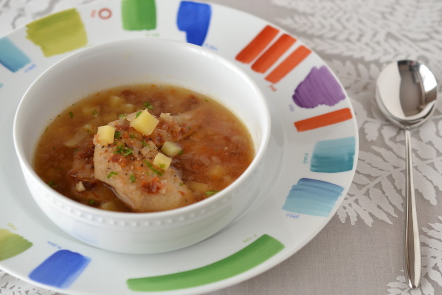 手羽先とドライトマトのスープ　バジル風味の画像