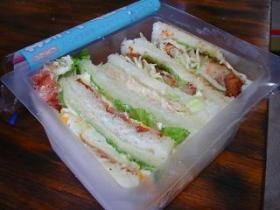 ある日のお弁当 サンドイッチ 豚肉の生姜焼き・ベーコンエッグ 他